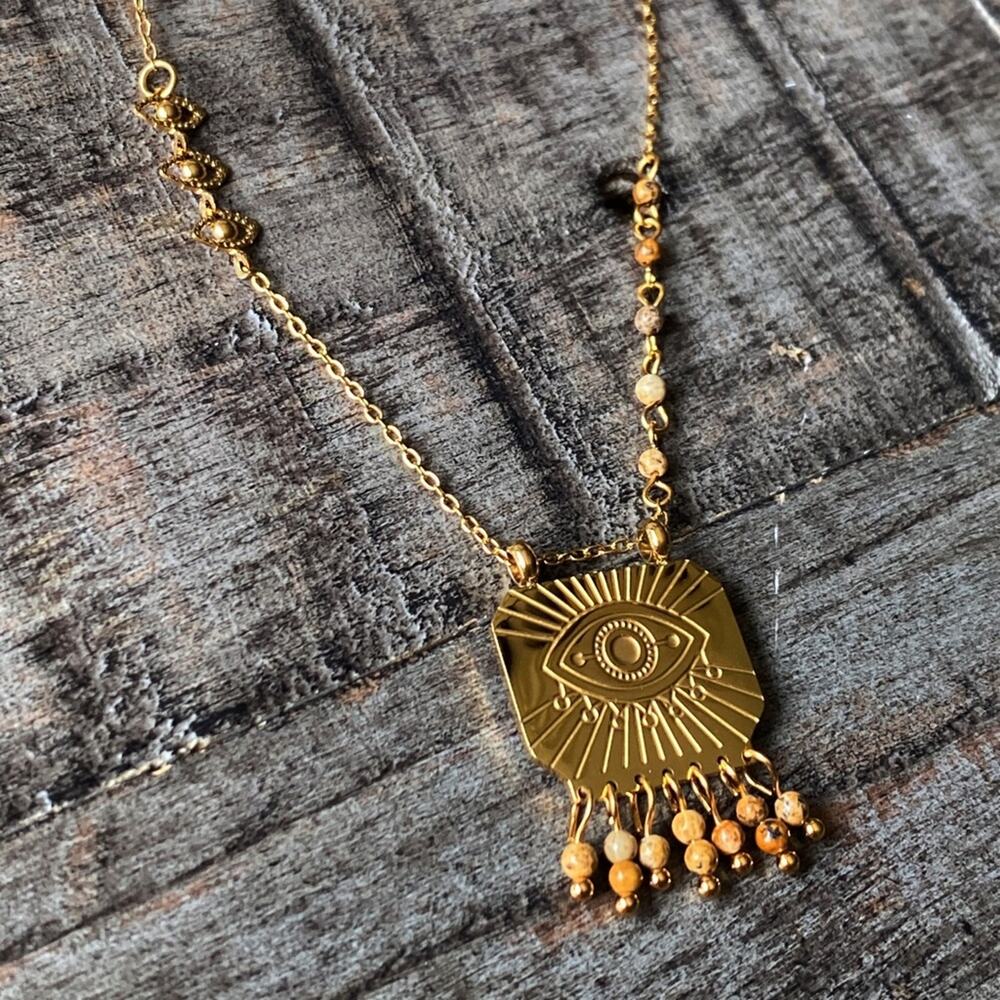 NEW Gold Evil Eye & Stone Pendant Necklace - Picture 5 of 8